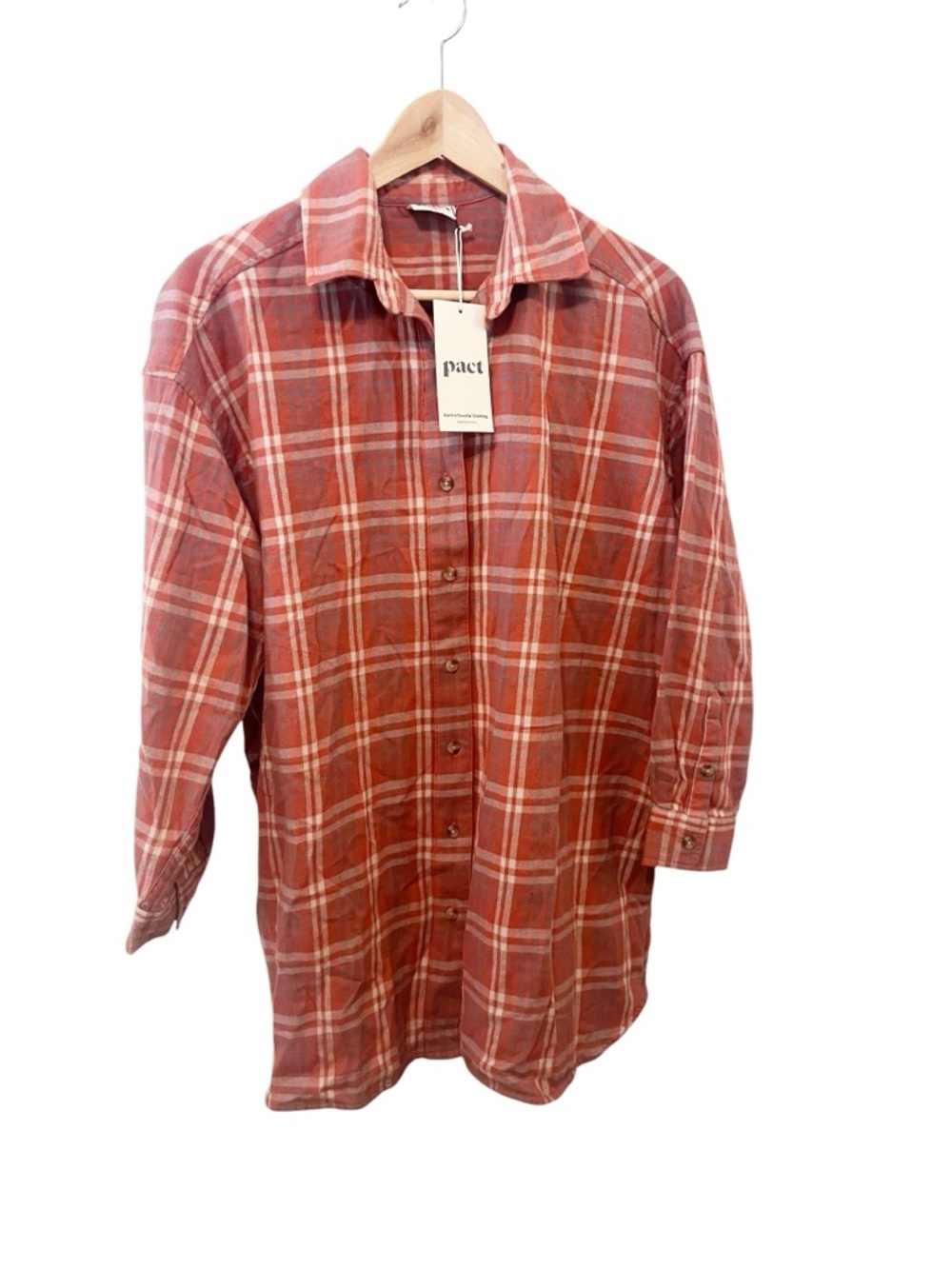 Pact Women’s‎ Fireside Oversized Red Plaid Organic Cotton Flannel Shirt XS Small